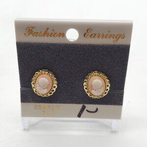 Vintage Gold-Tone Cameo Clip-On Earrings With Comfort Fit Backing .5 Inches